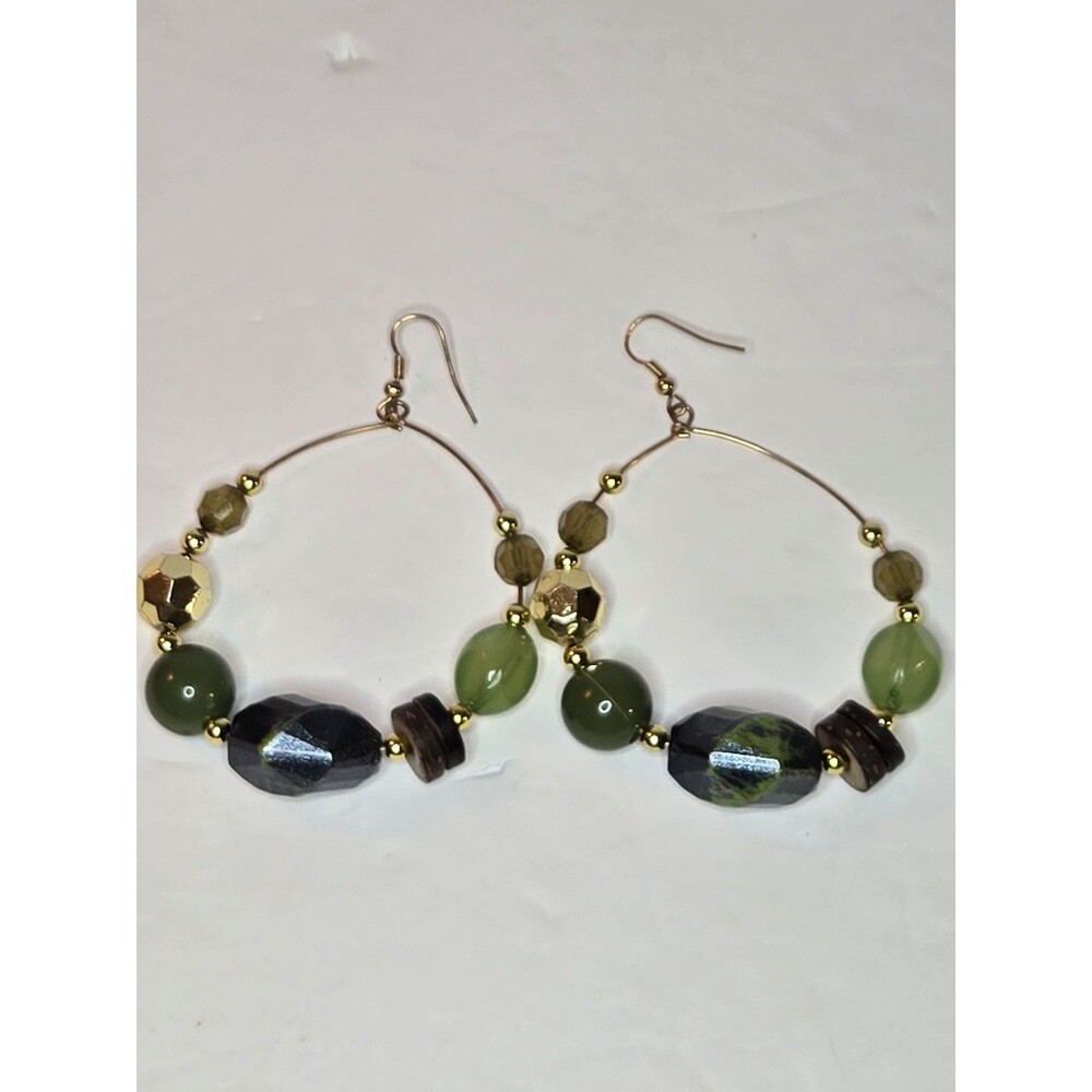 Gold Tone Earrings Circular with Green Beads
